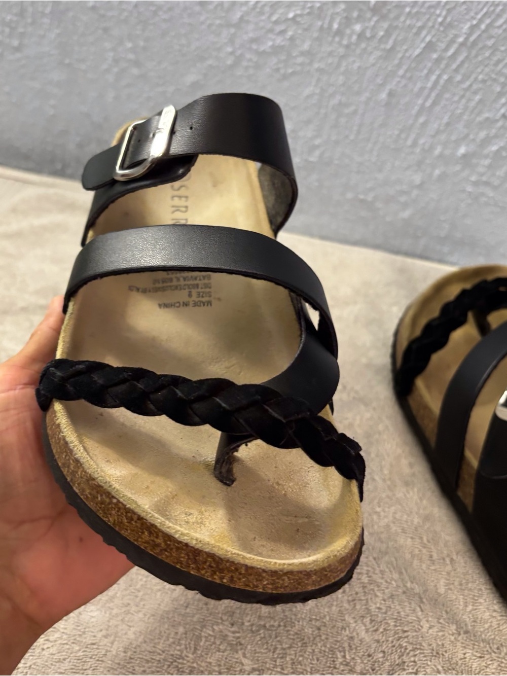 Serra Black Braided-Strap Cork Footbed Sandals SZ 9 Leather Molded Footbed